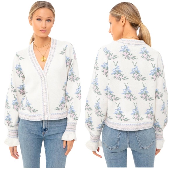 LOVESHACKFANCY Boscom Cardigan Floral Jacquard Knit Sweater Size XL 0071 - Picture 3 of 13